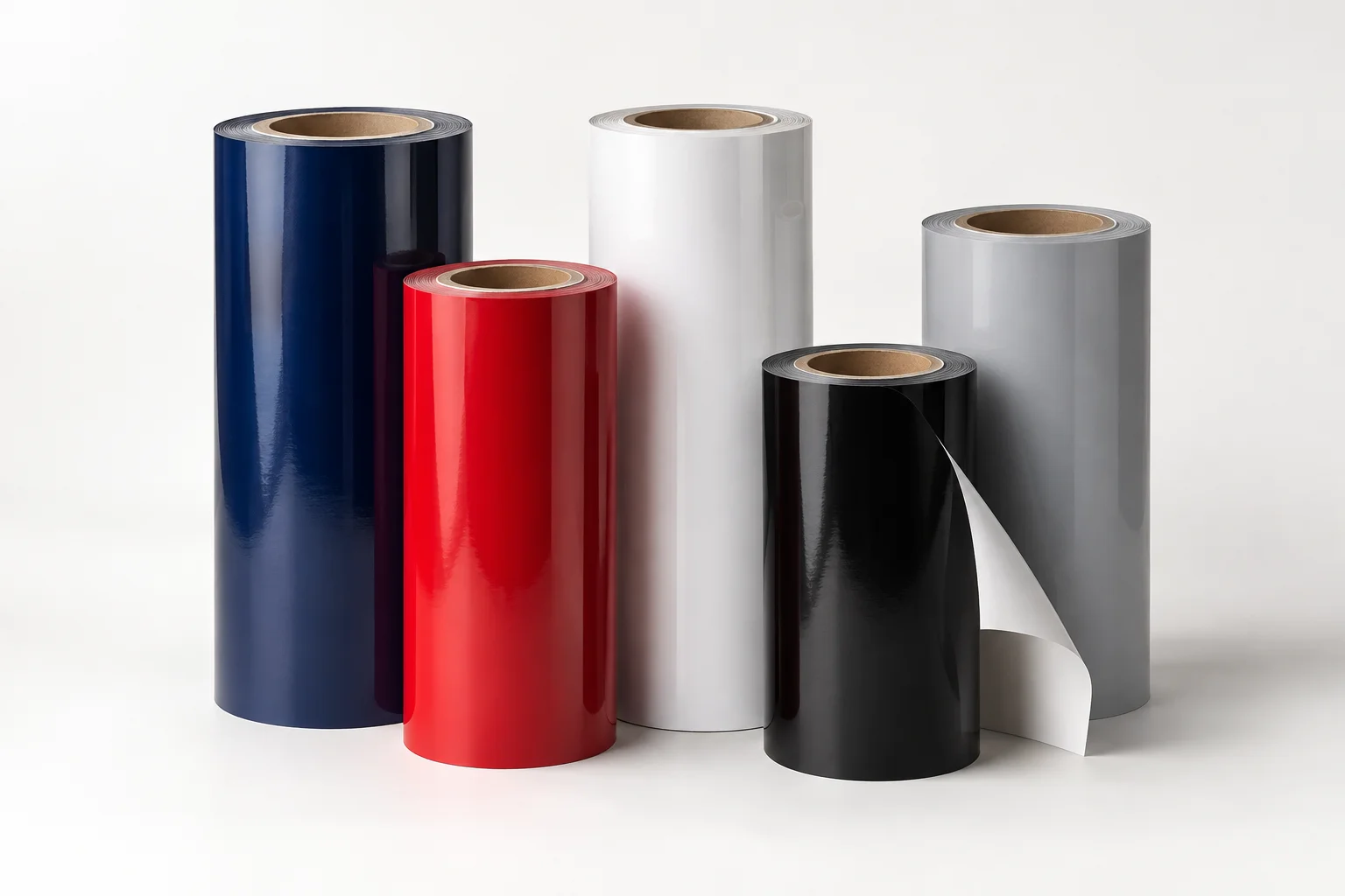 Illustrative upright vinyl rolls in navy, red, white, black and gray