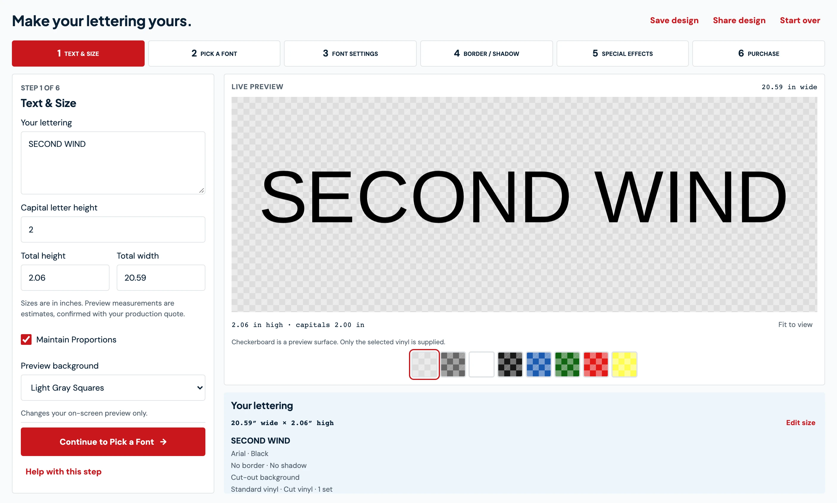 Screenshot of the LetterSupply design tool previewing boat lettering