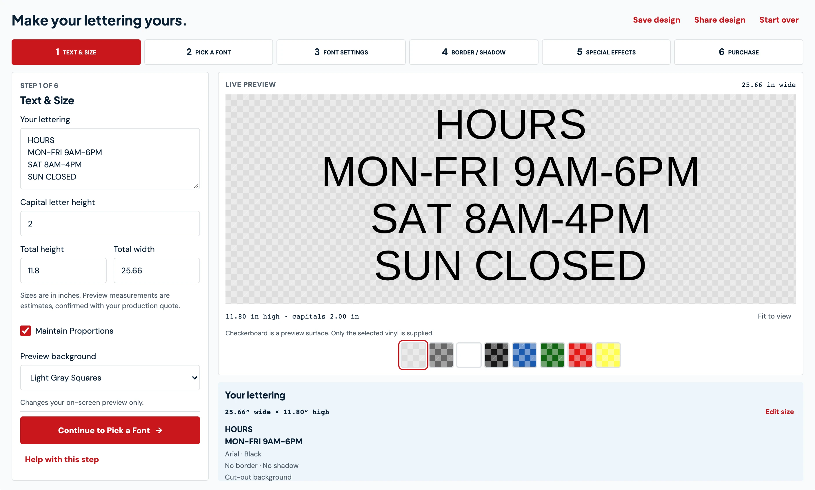 Screenshot of the LetterSupply design tool previewing HOURS storefront lettering