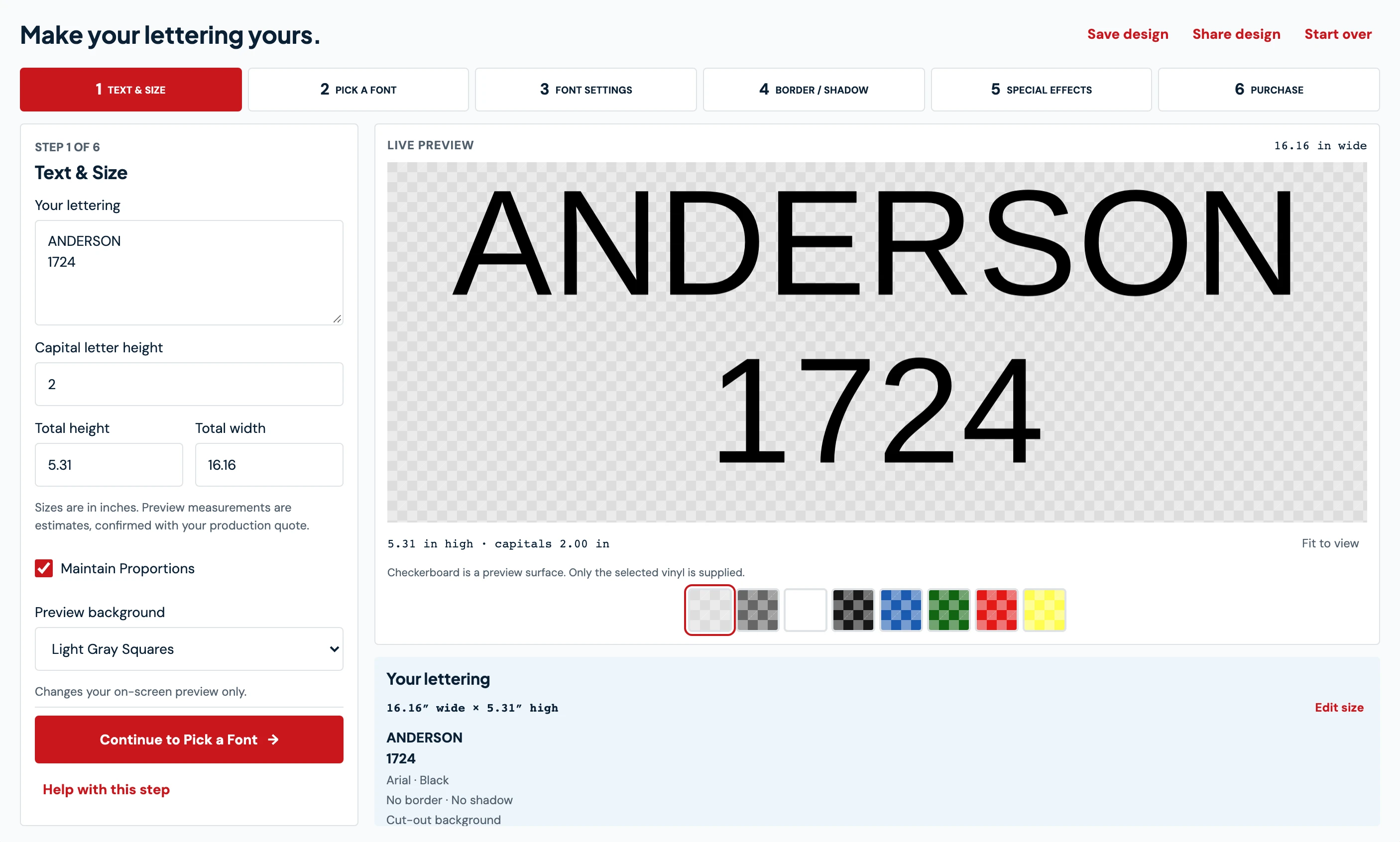Screenshot of the LetterSupply design tool previewing ANDERSON 1724 mailbox lettering