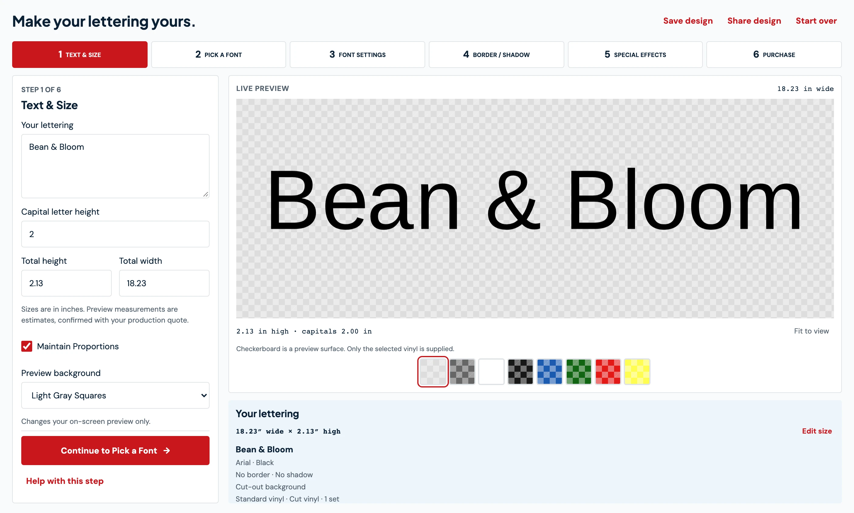 Screenshot of the LetterSupply design tool previewing Bean & Bloom window lettering