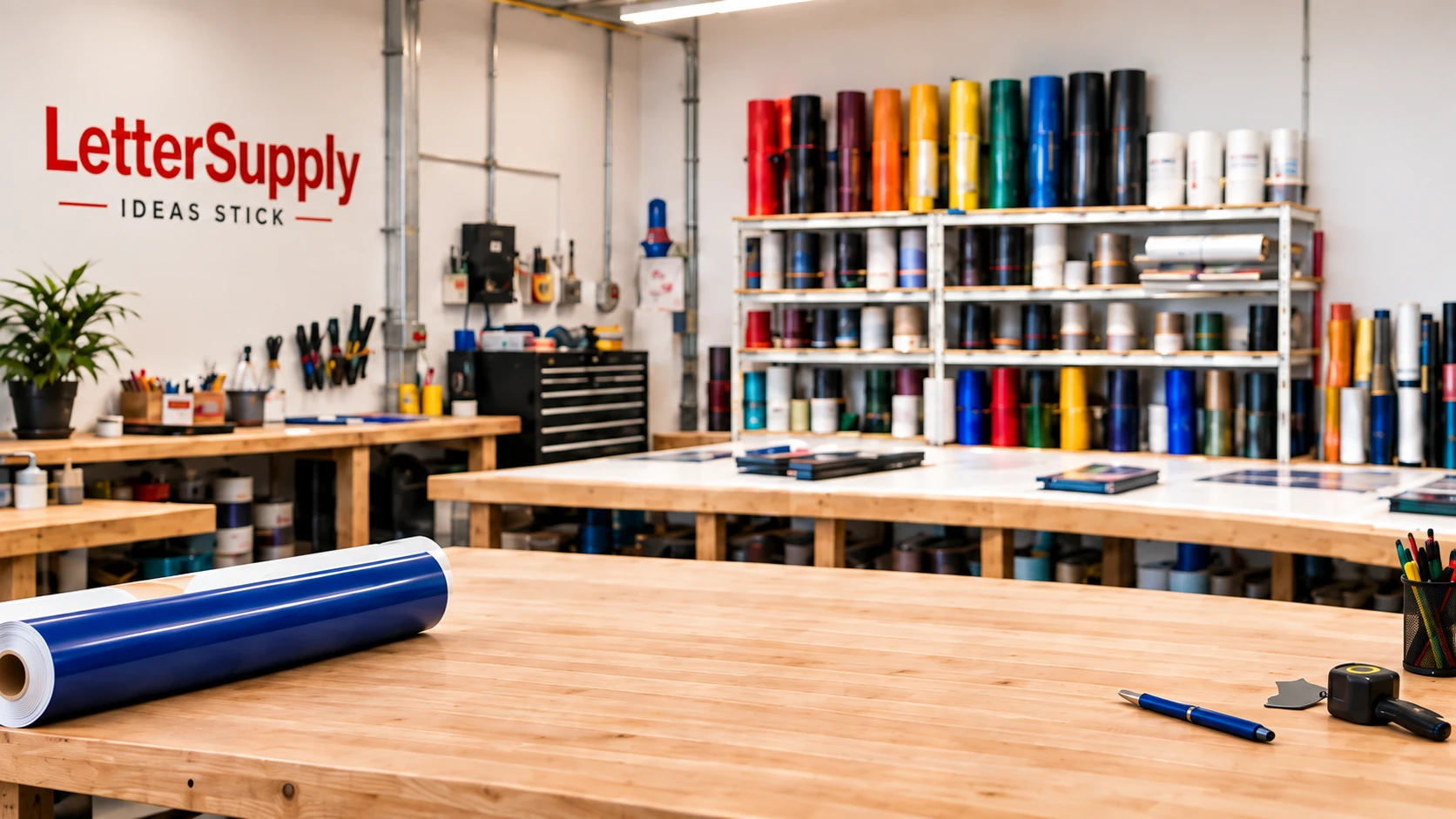 Illustrative LetterSupply workshop with vinyl rolls and workbenches